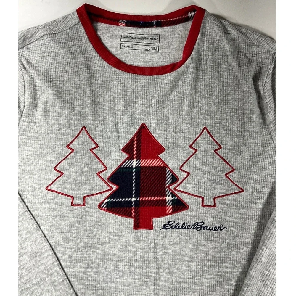 Eddie Bauer Mens Gray Waffle Knit Christmas Tree Plaid Sleep Shirt Large L